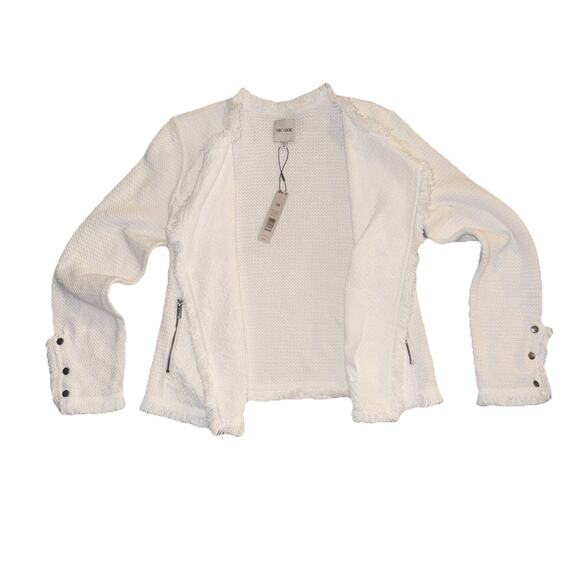 NIC + ZOE White Fringe Knit Jacket Open Front Zip Pockets Size M NWT - Picture 2 of 8